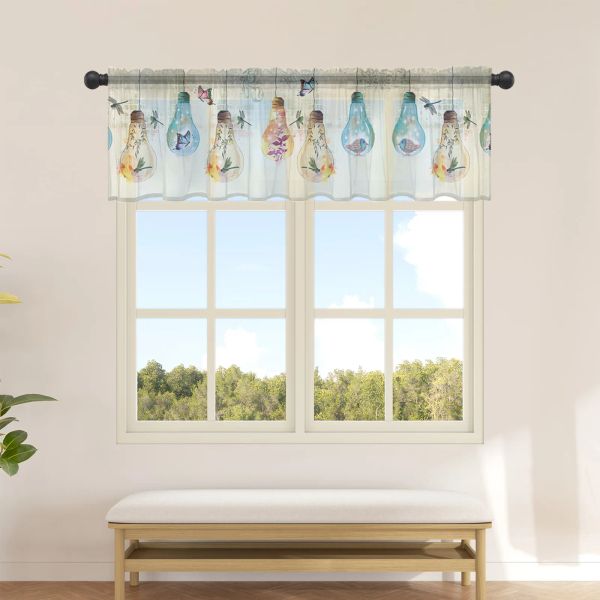 Cortinas com lâmpada borboleta flor pássaros transparentes para cozinha café meia curta cortina de tule janela valance decoração de casa