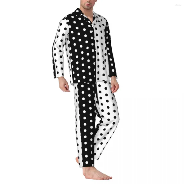 Herren-Nachtwäsche, Pyjama, Herren, Retro-Stil, zweifarbig, zum Schlafen, schwarz-weiß gepunktet, 2-teiliges Freizeit-Pyjama-Set, langärmelig, Übergröße, Heimanzug