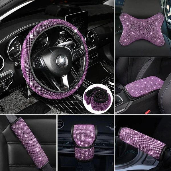 Capas de volante 6 pçs bling acessórios do carro conjunto auto capa cinto de segurança ombro almofada braço esteira shift handbrake encosto de cabeça decoração