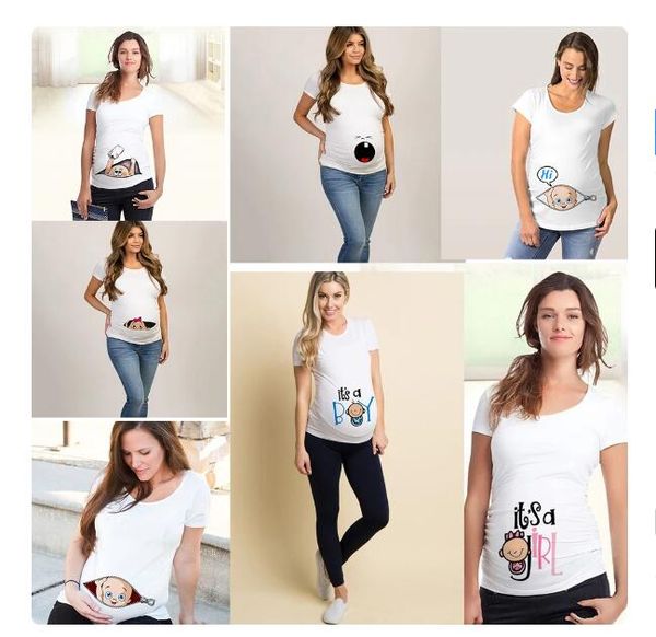 Moda estiva Donna incinta Vestiti Maternità Bambino Sbirciando Felpa Divertente Zip Stampa O-Collo Vendita calda Gravidanza Top Abiti