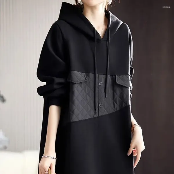 Abiti casual Coreano tinta unita dritto abbigliamento femminile con cappuccio primavera autunno basic elegante patchwork con coulisse abito longuette