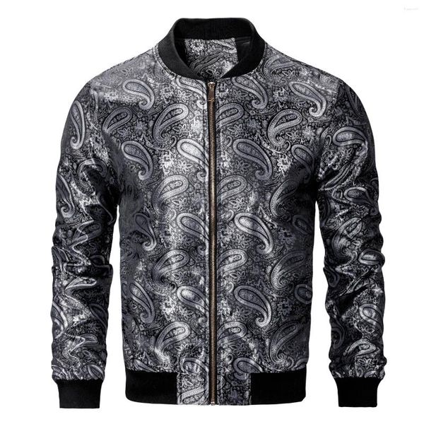 Giacche da uomo Hi-Tie Grigio Argento Paisley Giacca da uomo Jacquard Bomber leggero Giacca a vento casual Uniforme da baseball Cappotto con cerniera esterna