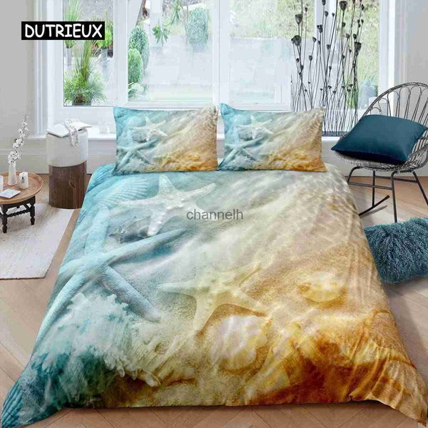 Conjuntos de edredons Starfish Duvet Cover Set Summer Beach Seashell Starfish Twin Bedding Set Poliéster Hawaiian Tropical Nature Sea King Quilt Cover YQ240313