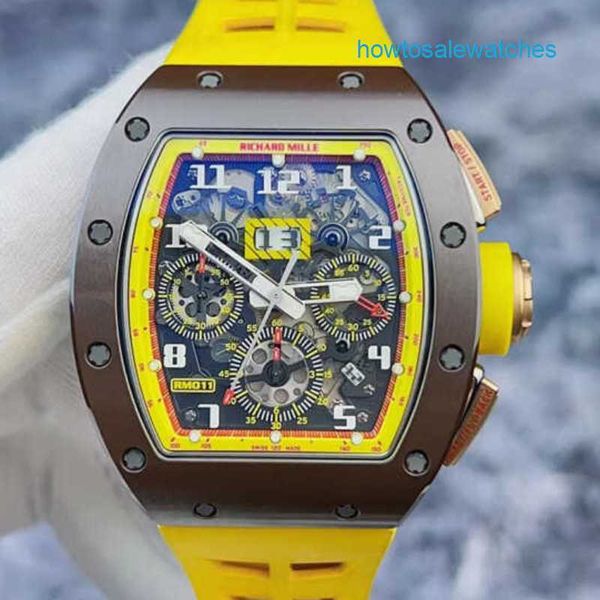 Bellissimi orologi da polso Orologio da polso unisex Orologio RM RM011 Cerchio in ceramica Colore marrone giallo Funzione temporale corrispondente Vuoto