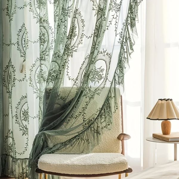 Cortinas vintage verde floral bordado pura cortina romântica babados rendas voile janela cortinas para quarto tratamento de janela de cozinha