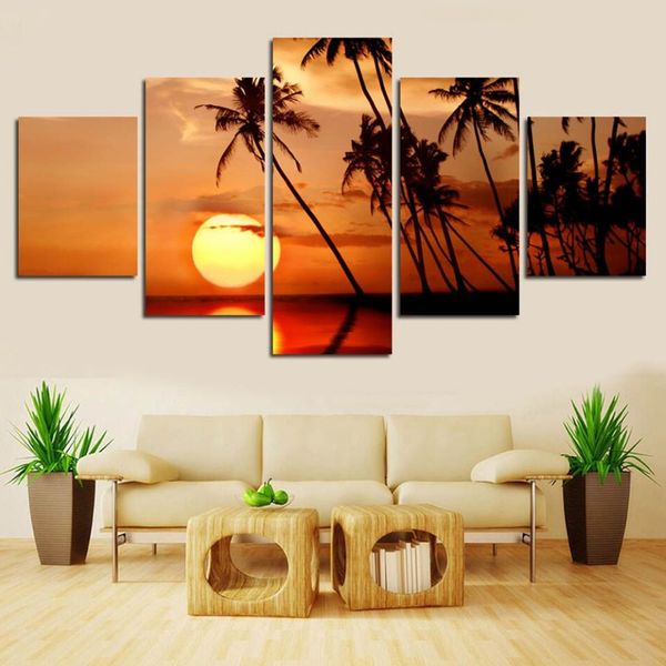 Decoração de casa hd imprime fotos pinturas em tela 5 peças pôr do sol praia onda palmeiras seascape cartazes quarto arte da parede sem moldura330j