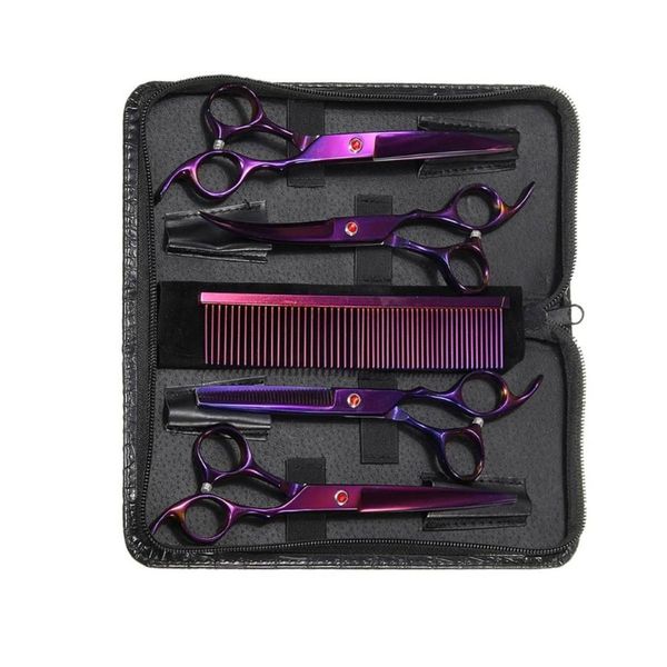 7 Lila Professionelles 6-teiliges Hundesalon-Scheren-Scheren-Set für Hundehaare, gebogener Trimmer, Haustier-Friseur-Schönheitszubehör301i