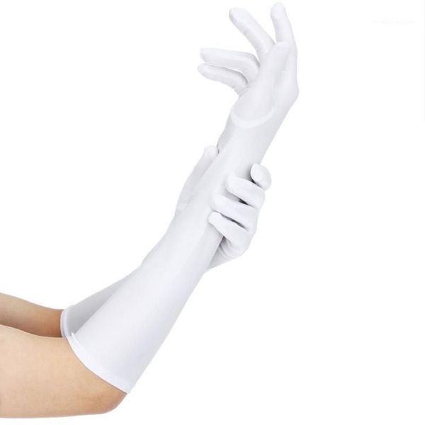 Cinco dedos luvas mulheres sexy festa longo preto branco cetim dedo luvas moda senhoras baile decorar guantes largos para mujer2791