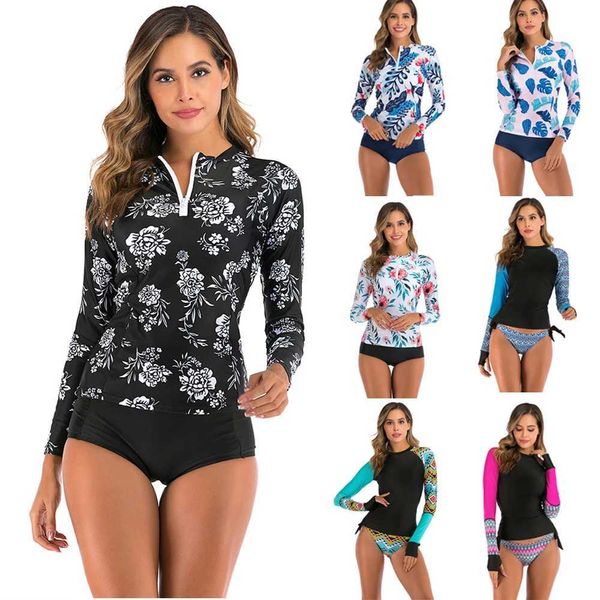 Badebekleidung Langarm-Rashguard für Damen, bedruckt, zweiteiliger Badeanzug, Badeanzug mit Reißverschluss, Übergröße, Badeanzug S-2XL, Strandausschnitt, Surfanzug, Wassersport, 240311