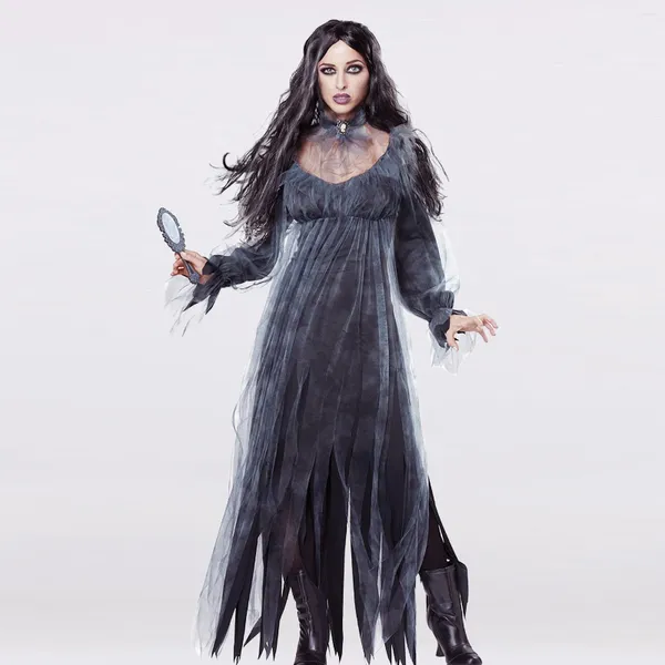 Vestidos casuais algodão halloween cosplay vestido com véu mulheres zumbi manga longa slim fit estilo gótico roupas de festa