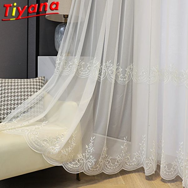 Tende Perline Tende in tulle ricamate per soggiorno Perle di lusso leggere Voile velato bianco per balcone Schermo per finestra con battistrada bianco #VT