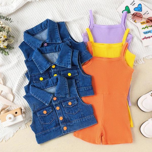 Set di abbigliamento Set da bambina Gilet di jeans alla moda per bambina con tuta senza maniche in tinta unita per bambini Abiti estivi per bambini