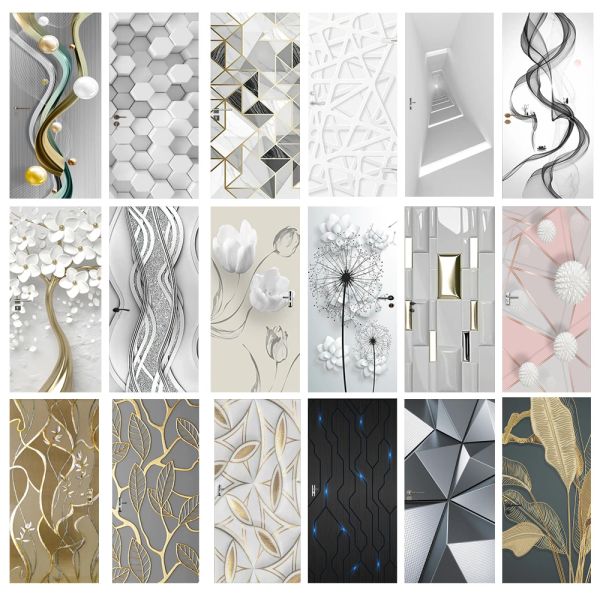 Adesivos PVC Porta Adesivo Moderno 3D Abstrato Moda Linha Prata Pérola Papel de Parede Sala de estar Arte Porta Poster Autoadesivo Mural Adesivos