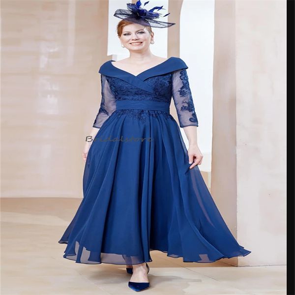 Elegante azul mãe da noiva vestidos comprimento do chá boho chiffon vestido de convidado de casamento com mangas fora dos ombros uma linha apliques renda mãe noite formal vestidos de festa