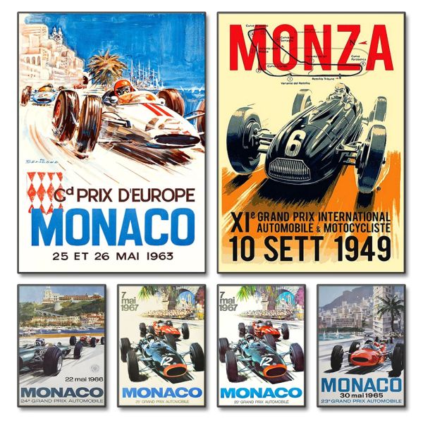 Caligrafia corridas de carros vintage monaco prix f1 cartaz de corrida pintura em tela fórmula 1 edição grand prix corrida arte da parede fotos decoração casa