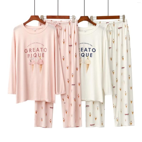 Mulheres sleepwear feminino macio modal 2 pçs pijama manga longa impresso pijama mujer femme solto nightwear terno feminino casual homewear conjunto