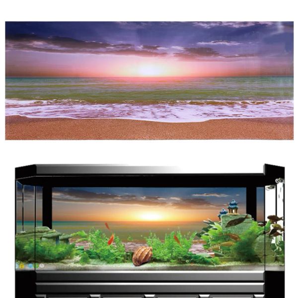 Decorações ornamentos de aquário efeito 3d adesivo praia pôr do sol cartaz para aquário decoração de peixes oceano mar plantas pano de fundo decoração do aquário