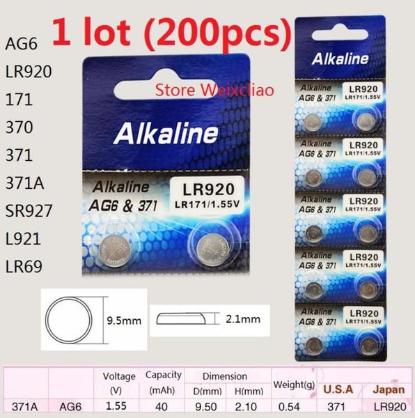 200pcs 1 Los AG6 LR920 171 370 371 371A SR927 L921 LR69 155V Alkalisch -Knopfzellen -Batterie Batterien 2151087