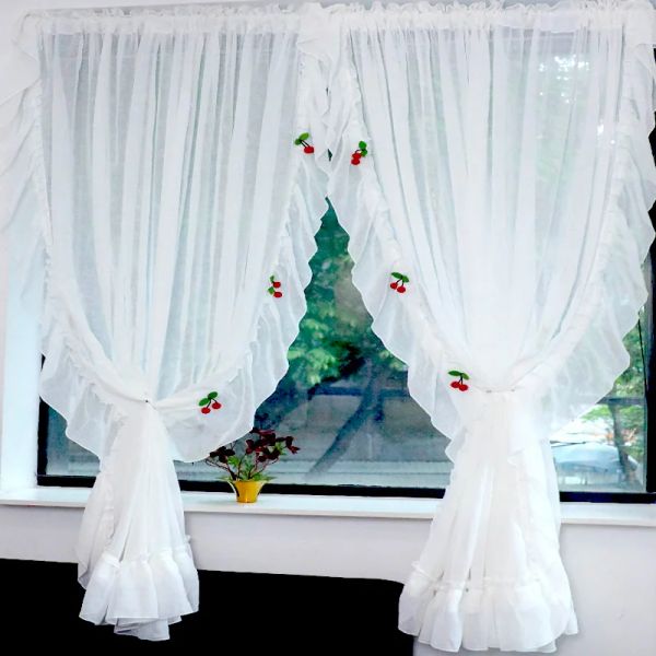 Cortinas 2 PCS Branco Falso Linho Sheer Cortinas Curtas para Cozinha Café Vintage Ruffled Lace Gasto Vermelho Cereja Meia Janela Tratamento Cortinas