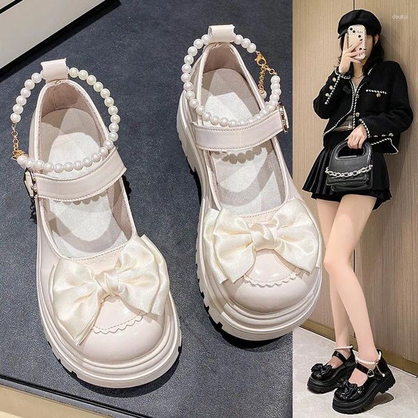 Sapatos de vestido menina bowtie couro mulheres 2024 japonês doce pérola cinta casual cor sólida saltos altos