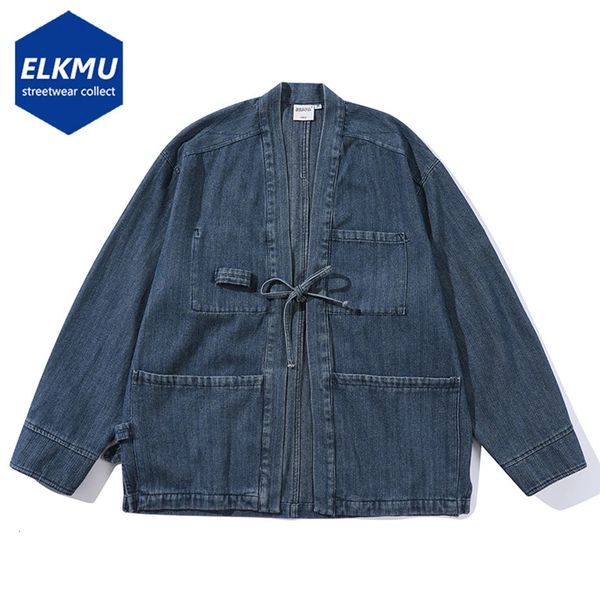 Estilo japonês denim jaquetas cardigan quimono casaco 2024 homens primavera outono jaqueta casual outwear azul preto 240311