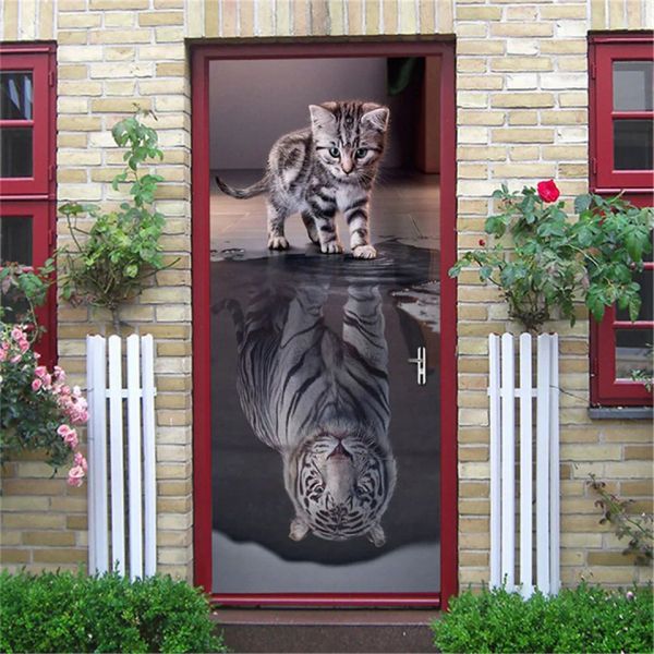 Adesivos gato porta papel de parede autoadesivo à prova dwaterproof água removível arte mural decalque casa design flor rua autocollant porte