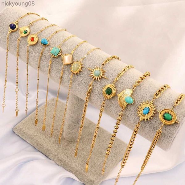 Bileklik Vintage Paslanmaz Çelik Bilezik Kadınlar için Turkuaz Kolye Bilezik Renkli Doğal Taş Bilezikler Zincir Bilezik Jewelryl2403