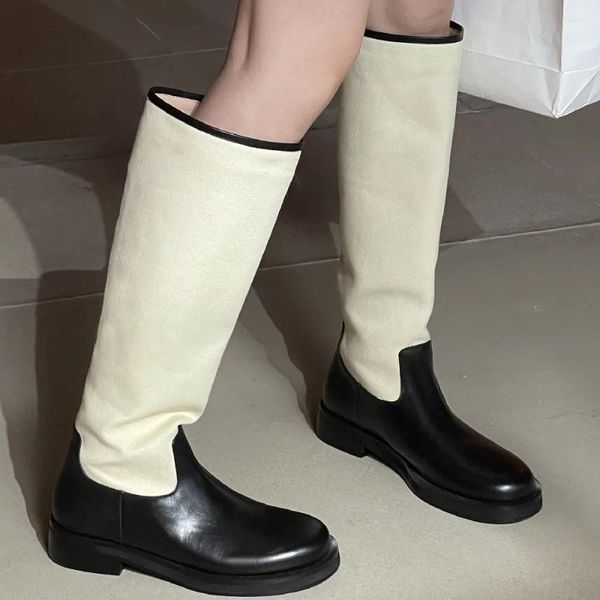 Stivali da donna in vera pelle tela tessuto patchwork appartamenti alti al ginocchio punta tonda punk scarpe lunghe morbide e comode per le donne