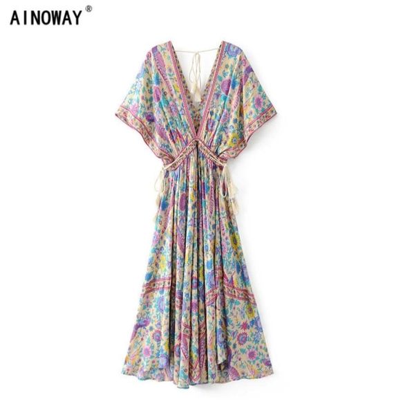 Vintage chique mulheres pavão floral impressão bat manga praia boêmio maxi vestido senhoras vneck borla verão boho vestido vestidos y20066158914