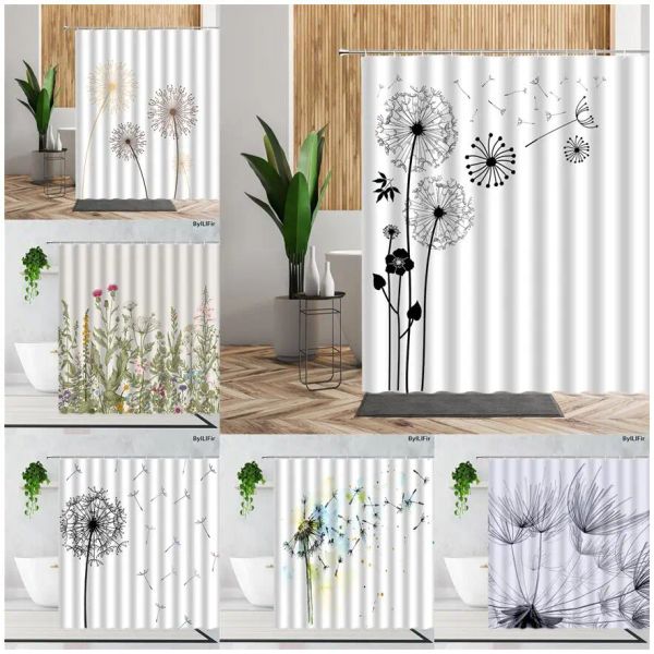 Perdeler Siyah ve Beyaz Duş Perdeleri Bitkiler Çiçekler Karahindiba Baskı Banyo Dekorasyon Setleri Su Geçirmez Ev Banyo Perdesi