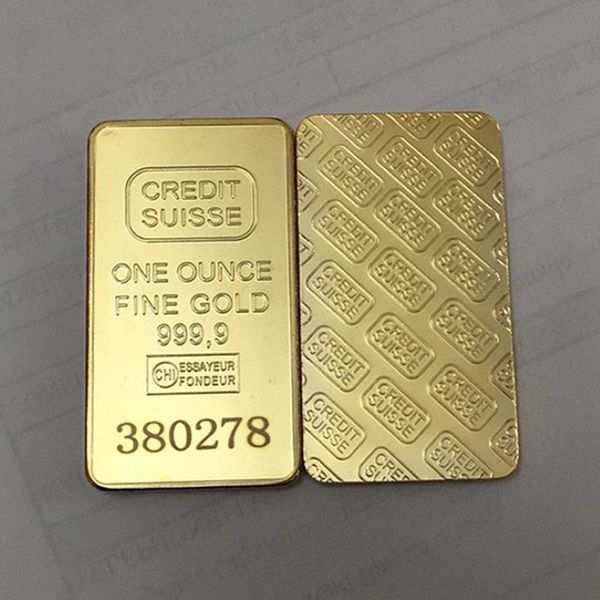 10 Stück nicht magnetische Credit Swiss Goldbarren 1 Unze echt vergoldetes Barrenabzeichen 50 mm x 28 mm Münzen mit unterschiedlicher Seriennummer 202697