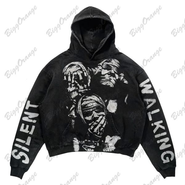 Preto High Street Algodão Gótico Matta Mummy Print Sweater Casual Hoodie Ins Mens e Womens Top Coat Y2K Moletom 240227