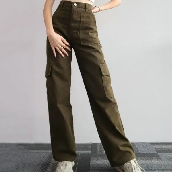 Calças femininas confortáveis ​​mulheres elegantes carga cintura alta multi bolso calças de perna reta em cor sólida para um
