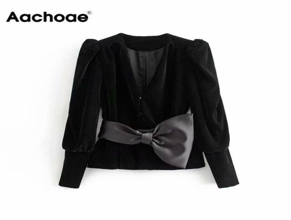 Mulheres jaqueta de veludo elegante senhora decote em v profundo grande arco faixas manga longa puff casaco inverno chique feminino outwear terno de escritório coat3606564