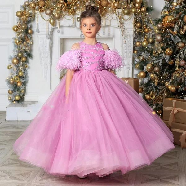 Abiti da ragazza Jill Wish Abito arabo di lusso rosa che borda piume Dubai Baby Kids Princess Holiday Compleanno Abito da festa nuziale 2024 J364