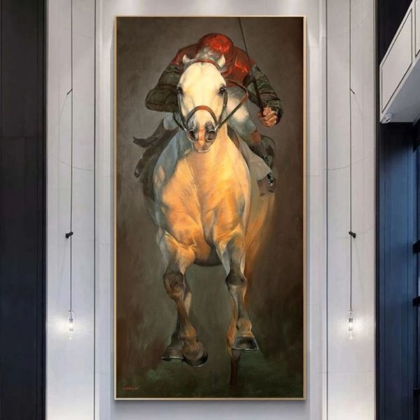Jockey Running Horse Poster und Drucke, Leinwandkunst, abstrakte Malerei, moderne Heimdekoration, Wandkunst, Bilder für Wohnzimmer, Animal2434