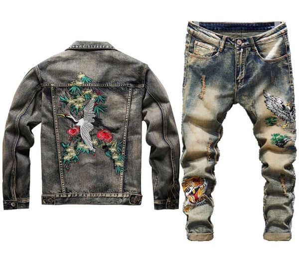 Neue Männer Jeans Jacke Sets Mode Herbst Stickerei Rot Kronenkranich Anzug Weste Gestickte Tiger Kopf Jeans Herren Kleidung 2 Pie1288744