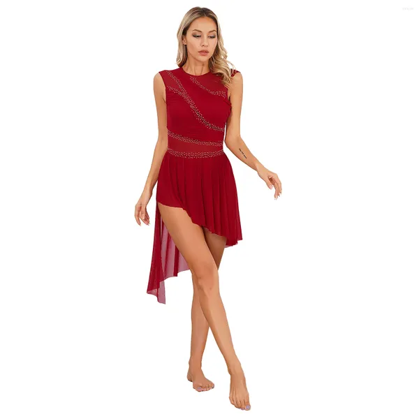 Abbigliamento da palcoscenico Abito da pattinaggio di figura da donna Costume da spettacolo di danza lirica Costume da balletto Ginnastica Gonna body con strass lucidi Abbigliamento da ballo