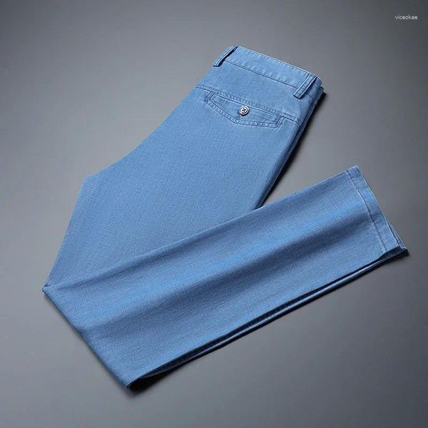 Jeans masculinos verão macio lyocell tecido fino calças retas cordão elástico cintura casual businesstrousers plus size 28-42