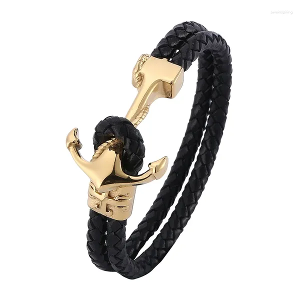 Braccialetti con ciondoli Gioielli classici da uomo Bracciale con corda in pelle nera doppia intrecciata Bracciale con ancoraggio in acciaio inossidabile SP0755