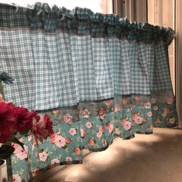 Cortinas estilo nórdico algodão azul verde xadrez renda emenda floral impresso cortina de cozinha cortina de café decorativa cortina à prova de poeira