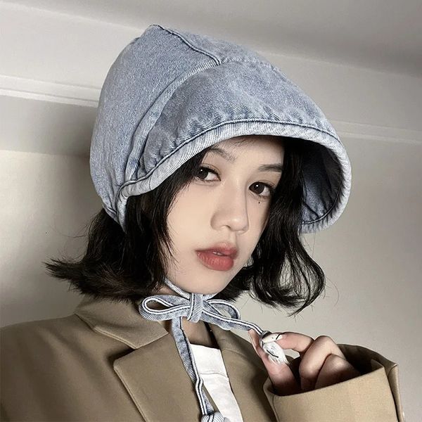 Japonês vintage denim balde chapéu personalizado cinta curta borda das mulheres chapéus primavera e outono moda bacia bonés bob 240223
