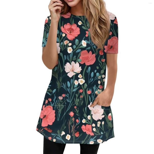 Camiseta feminina estampa floral blusa feminina casual gola redonda bolso túnica tops manga curta verão para mulheres roupas femininas