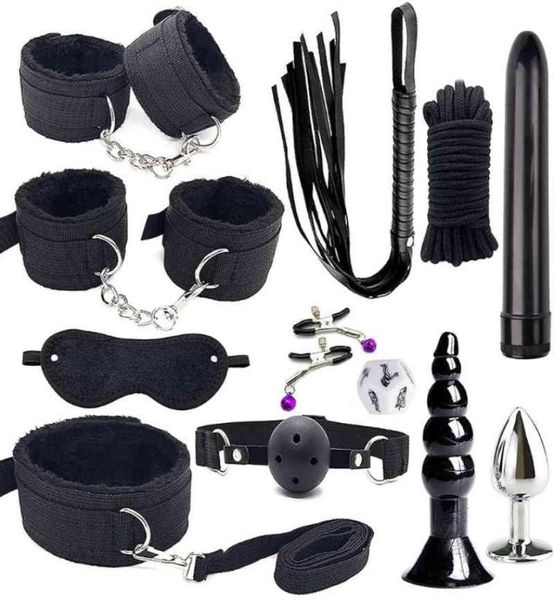 Adulto jogo de cama conjunto seguro das mulheres dos homens confortável bondage romance bdsm cosplay brinquedo kit vibrador venda flogger chicote 2107227608316