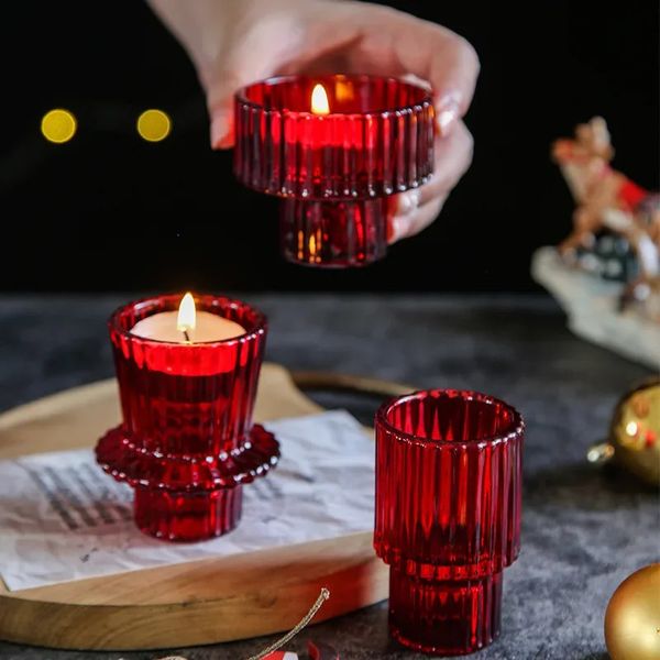 Vermelho mini castiçais de vidro taper suporte pequeno tealight castiçal decoração de natal verde 240301