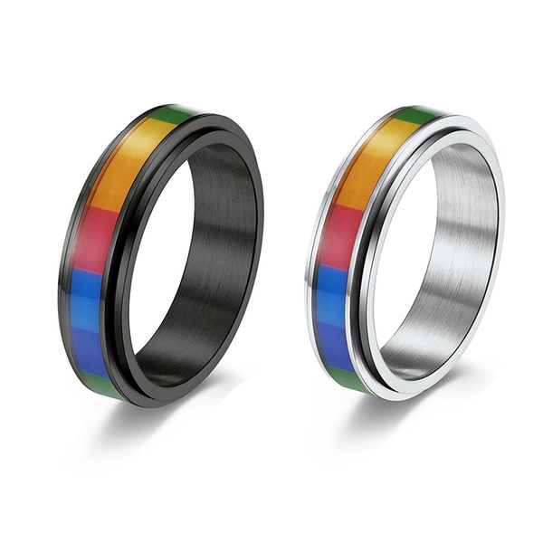 6 mm drehbarer Edelstahl-Regenbogen-Flaggen-Ring, Lala-Homosexualität, lesbische Ringe für Liebhaber, Frauen, Männer, Modeschmuck