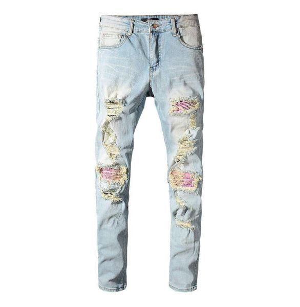 Americano streetwear moda masculina jeans luz azul rasgado jeans para homens destruído denim calças finas branco lavado elástico hip hop robi6857105