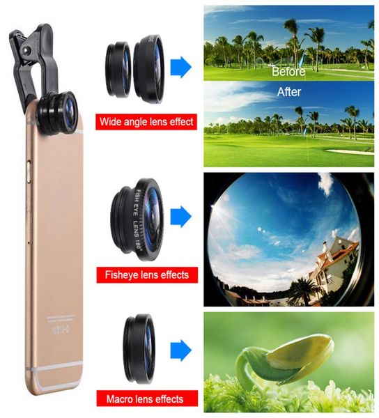 Nuovo kit di obiettivi per fotocamera 3 in 1 Obiettivo grandangolare Macro Fisheye Lenti per cellulari Fish Eye Lenti per smartphone Microscopio4602004