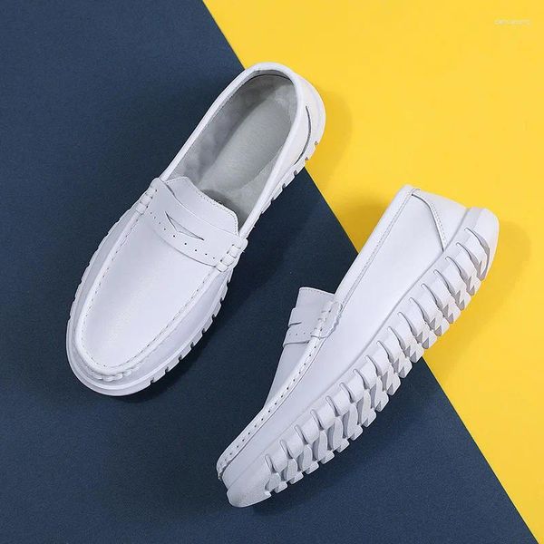 Sapatos casuais couro genuíno respirável sola macia antiderrapante grosso branco e trabalho comércio exterior