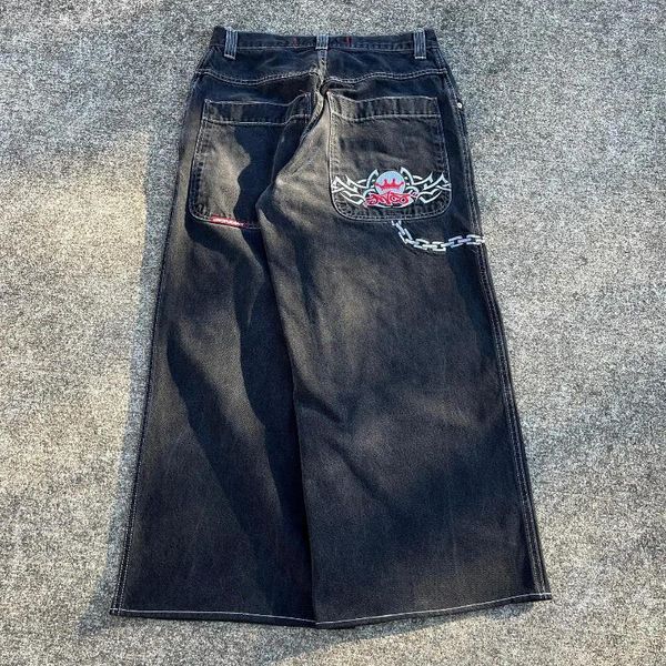 Jeans da uomo JNCO Ricamo a catena Y2K Moda uomo vintage lavato Pantaloni casual a gamba larga in denim Pantaloni larghi punk Hip Hop Streetwear